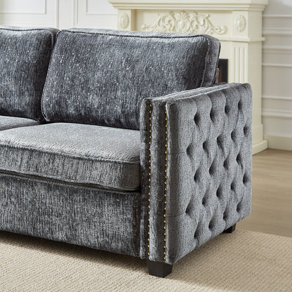 Grey 81 Chenille Nailheads 3-seater Sleeper Sofa with Memory Foam Mattress for Living Room