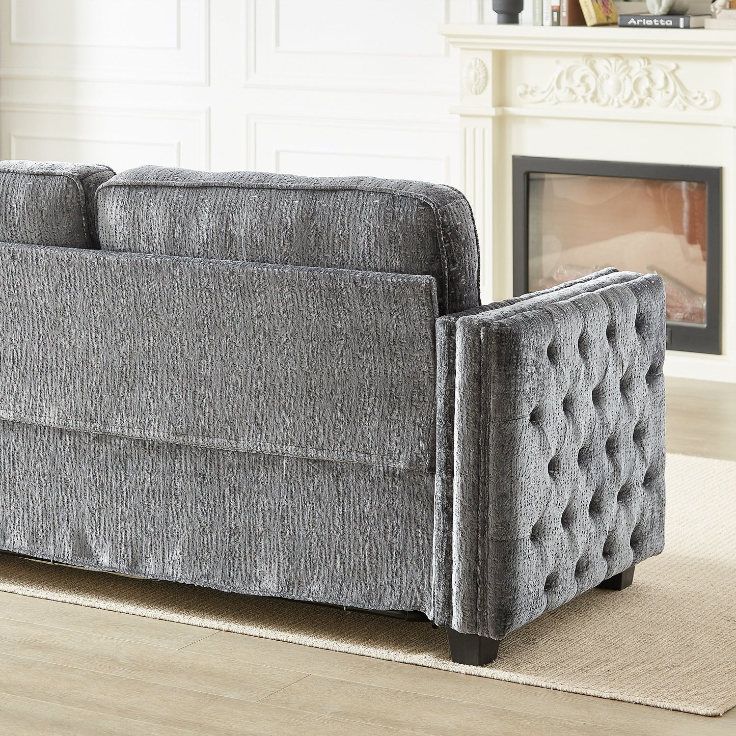 Grey 81 Chenille Nailheads 3-seater Sleeper Sofa with Memory Foam Mattress for Living Room
