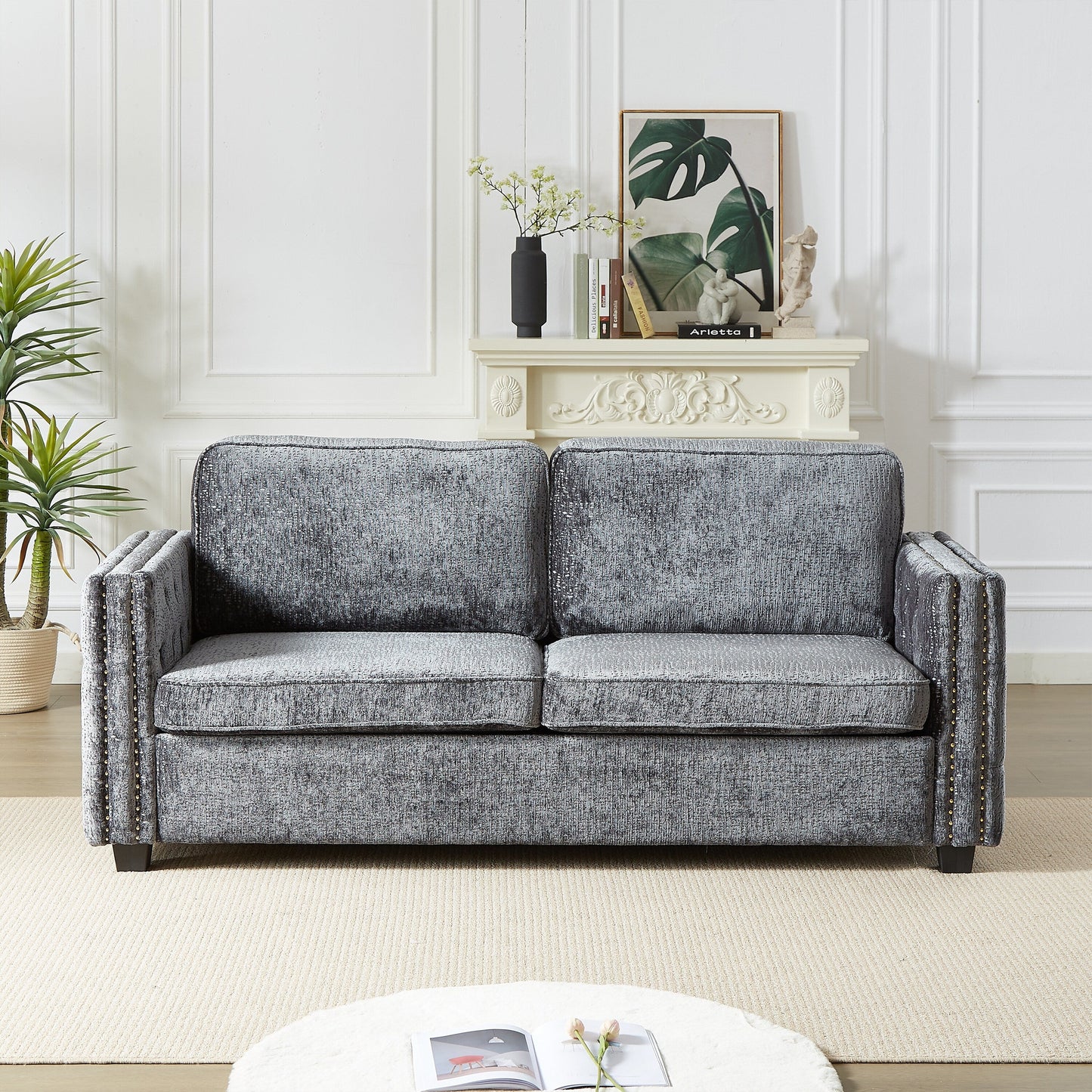 Grey 81 Chenille Nailheads 3-seater Sleeper Sofa with Memory Foam Mattress for Living Room