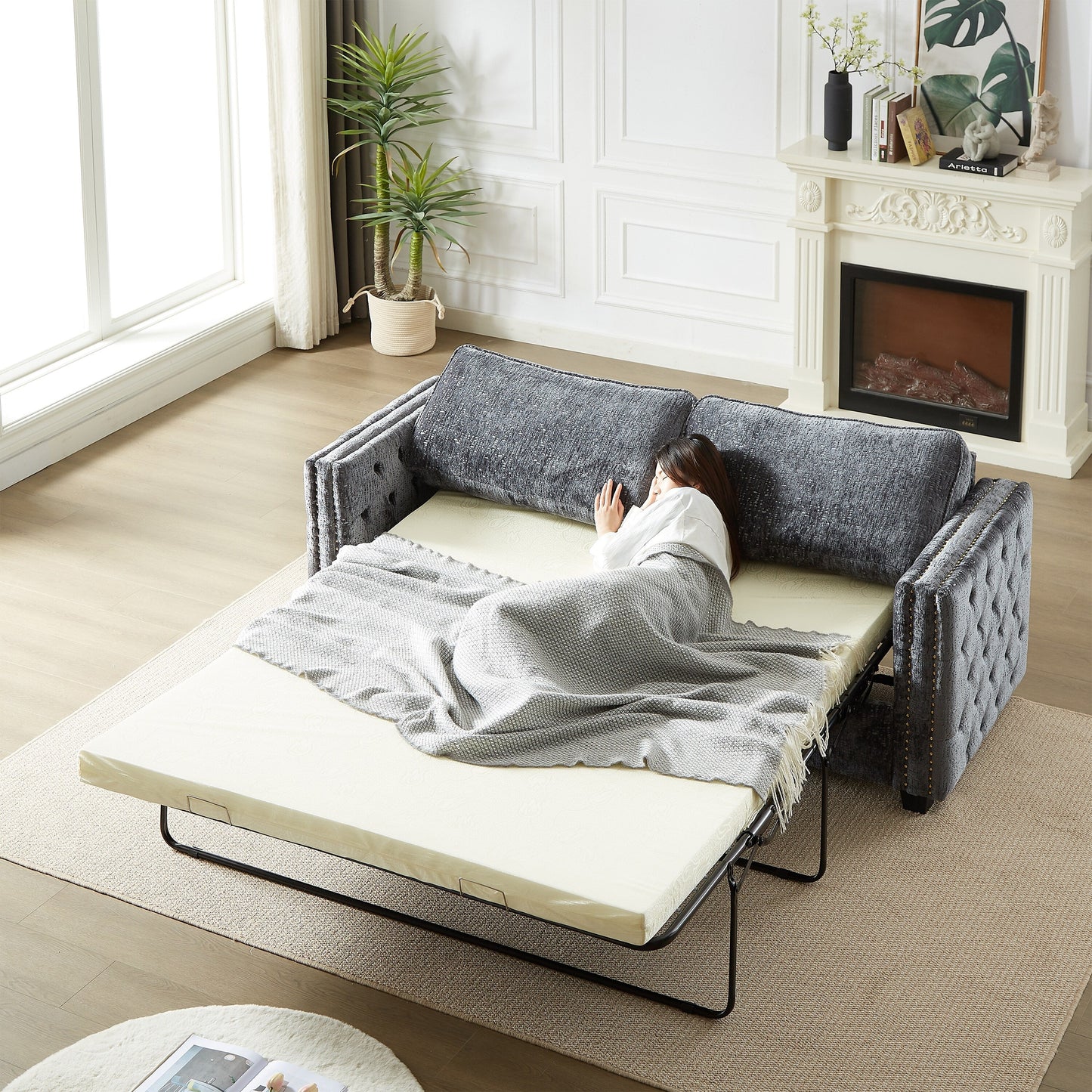Grey 81 Chenille Nailheads 3-seater Sleeper Sofa with Memory Foam Mattress for Living Room