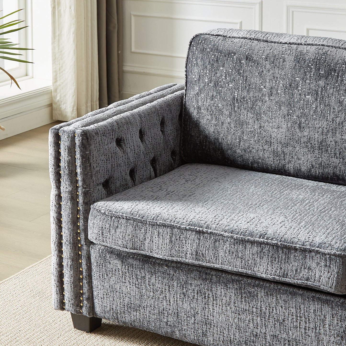 Grey 81 Chenille Nailheads 3-seater Sleeper Sofa with Memory Foam Mattress for Living Room