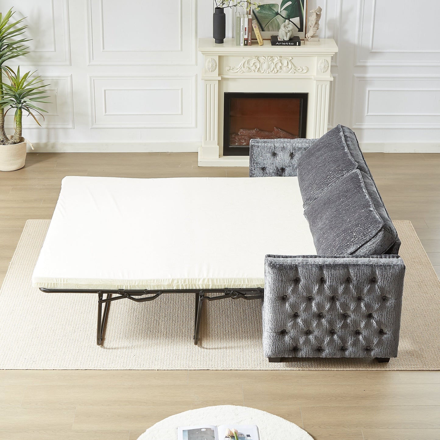Grey 81 Chenille Nailheads 3-seater Sleeper Sofa with Memory Foam Mattress for Living Room