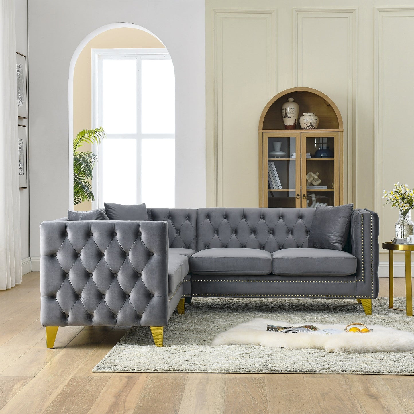 Grey 82.2 Velvet L-Shaped 5-Seater Corner Sectional with Nailhead Trim, Metal Legs, and 3 Cushions
