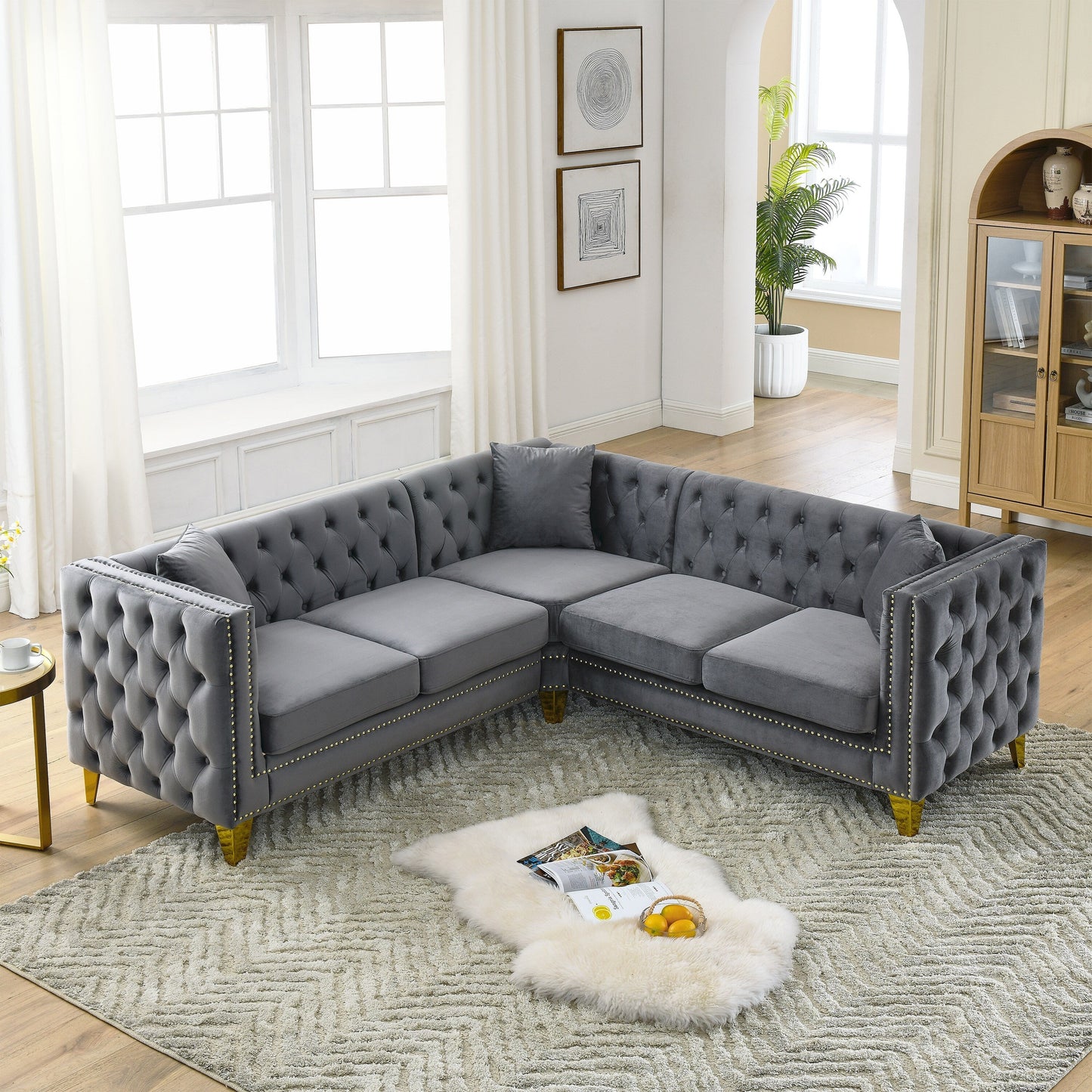 Grey 82.2 Velvet L-Shaped 5-Seater Corner Sectional with Nailhead Trim, Metal Legs, and 3 Cushions