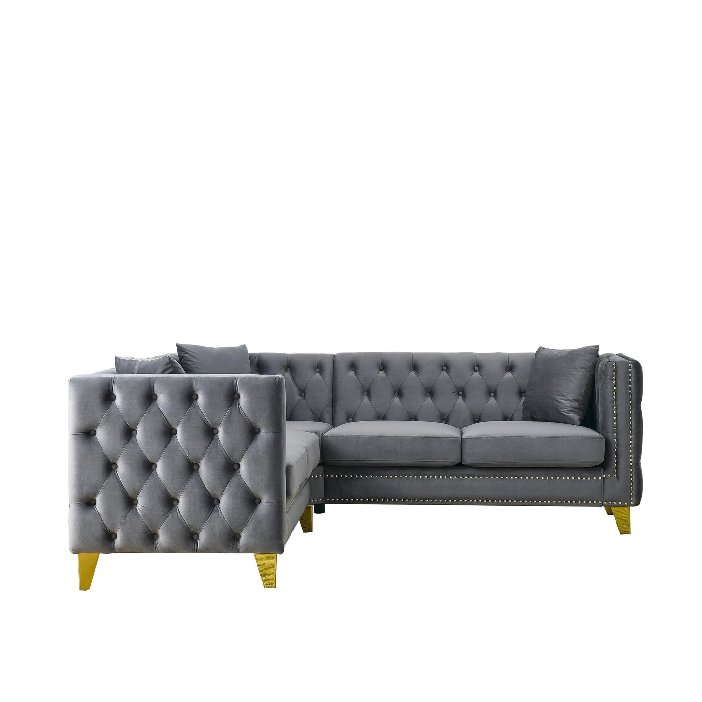 Grey 82.2 Velvet L-Shaped 5-Seater Corner Sectional with Nailhead Trim, Metal Legs, and 3 Cushions