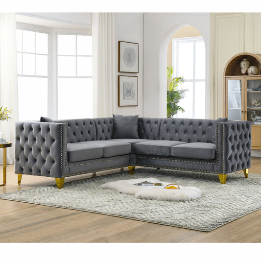 Grey 82.2 Velvet L-Shaped 5-Seater Corner Sectional with Nailhead Trim, Metal Legs, and 3 Cushions
