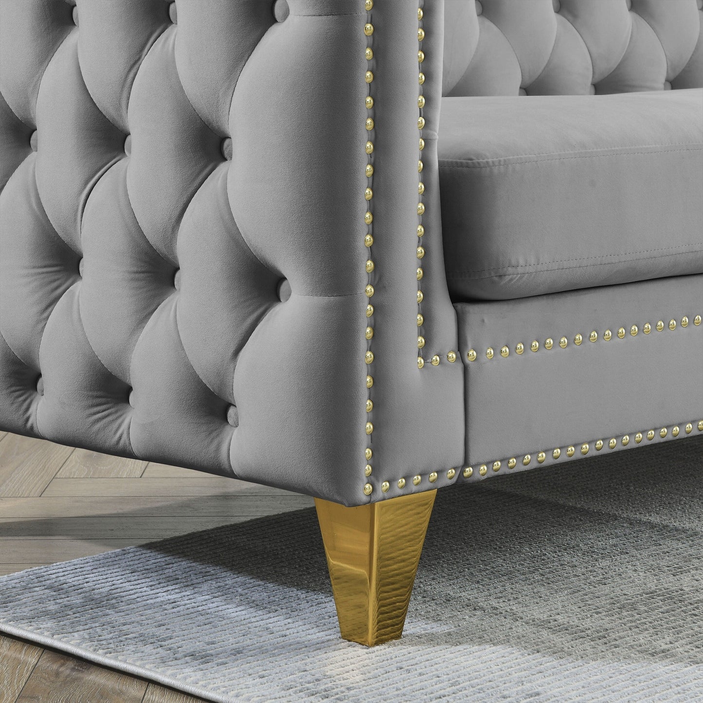 Grey 82.2 Velvet L-Shaped 5-Seater Corner Sectional with Nailhead Trim, Metal Legs, and 3 Cushions
