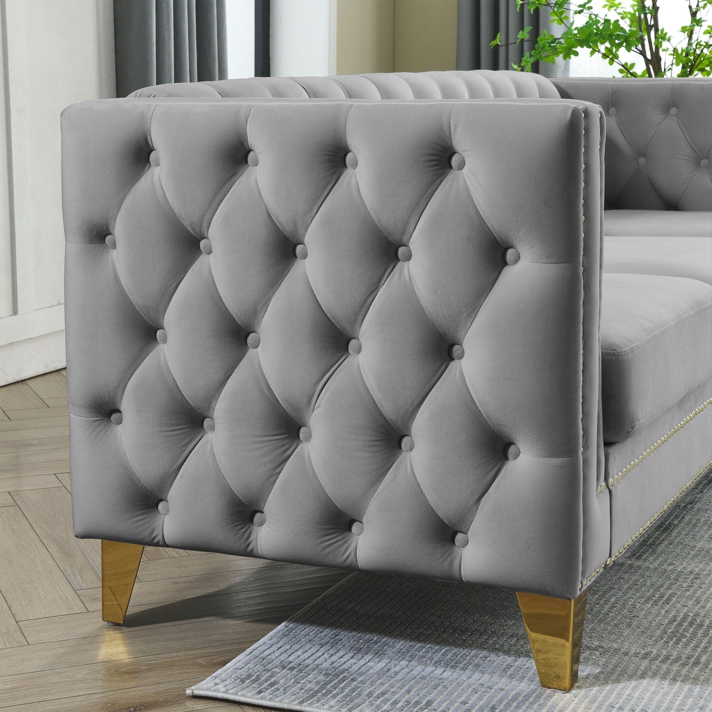 Grey 82.2 Velvet L-Shaped 5-Seater Corner Sectional with Nailhead Trim, Metal Legs, and 3 Cushions