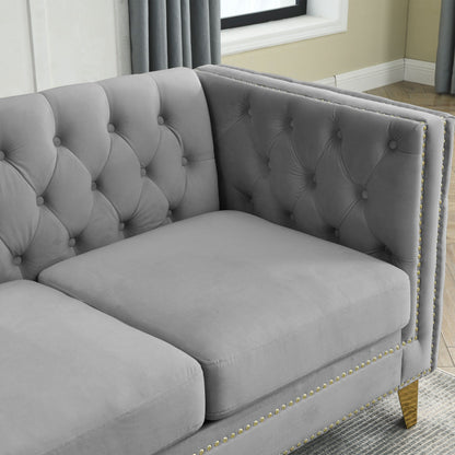 Grey 82.2'' Velvet 5-Seater L-Shaped Corner Sectional Sofa with Nailhead Trim, Metal Legs, and Foam Cushion