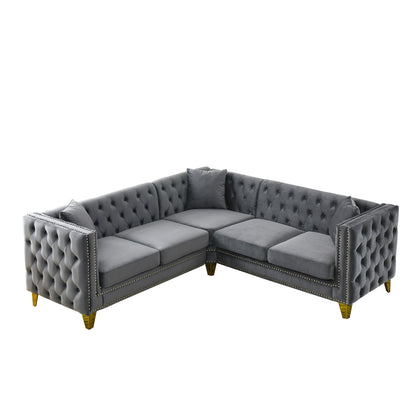Grey 82.2'' Velvet 5-Seater L-Shaped Sectional Sofa with Nailhead Trim and Metal Legs