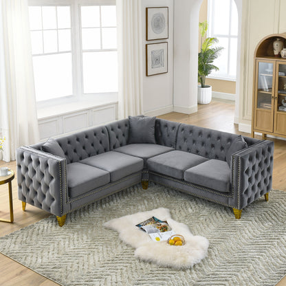 Grey 82.2'' Velvet 5-Seater L-Shaped Sectional Sofa with Nailhead Trim and Metal Legs