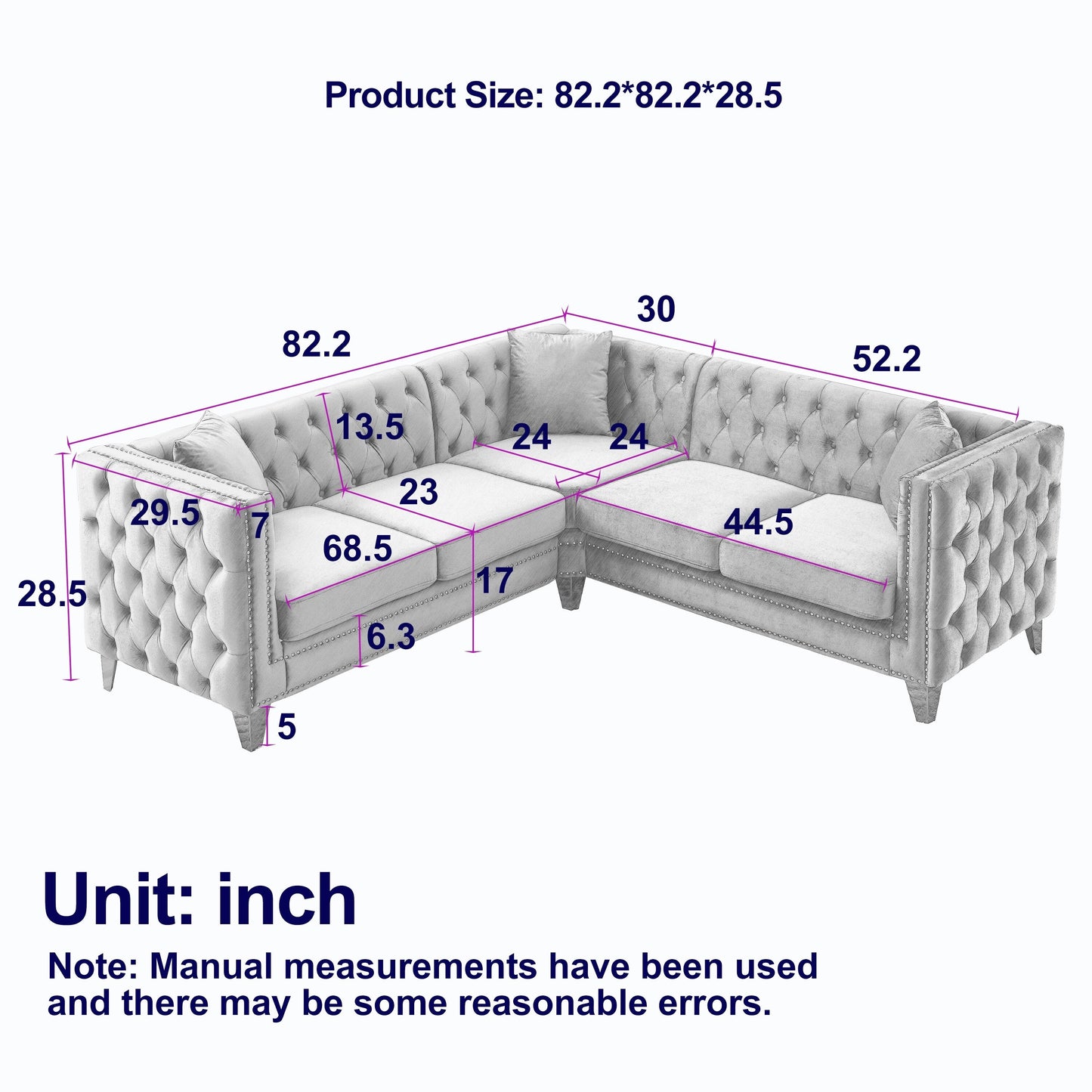 Grey 82.2'' Velvet L-Shaped 5 Seater Corner Sectional Sofa Couch with Nailhead, Metal Legs, and 3 Cushions for Living Room