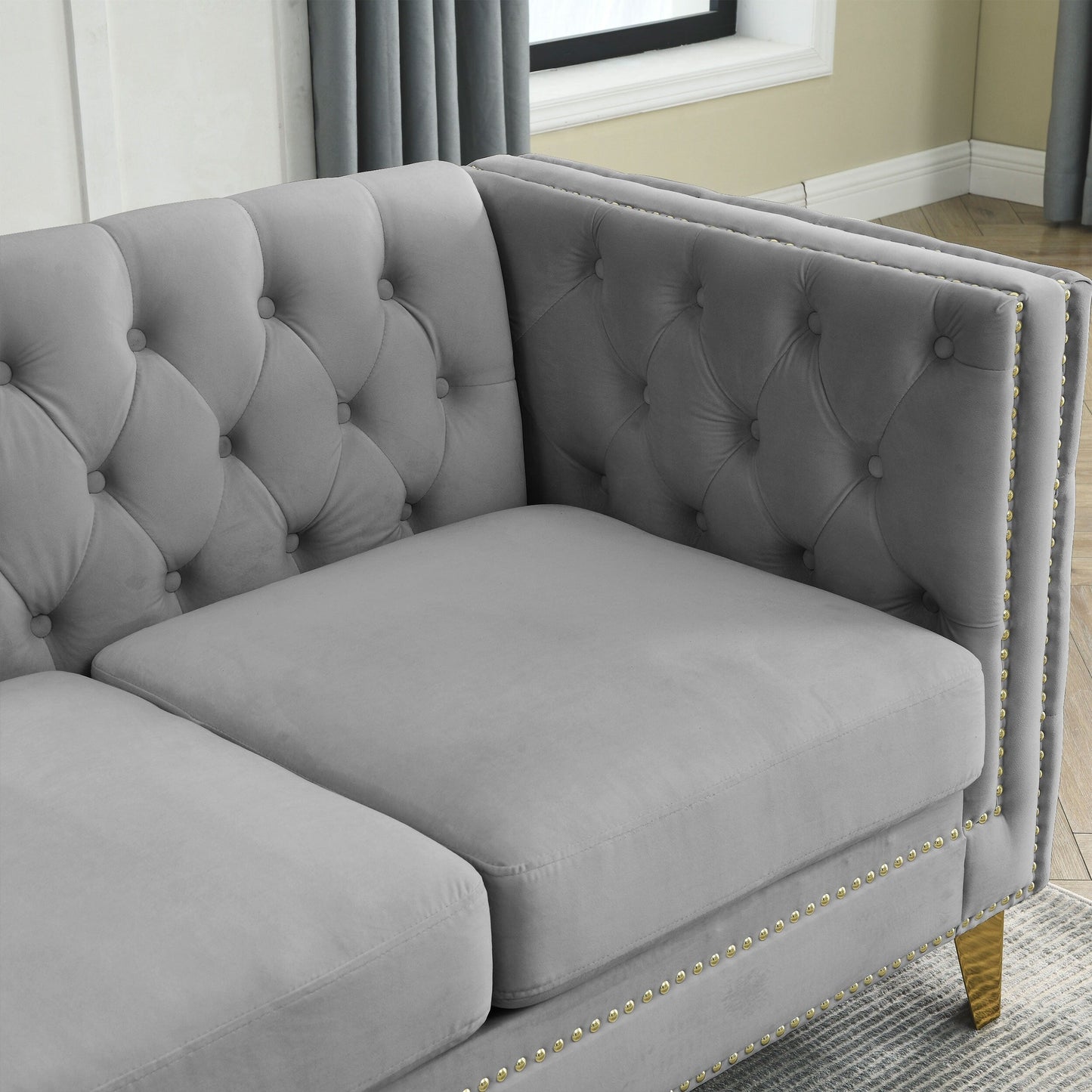 Grey 82.2'' Velvet L-Shaped 5-Seater Corner Sectional Sofa with Nailhead Trim, Metal Legs, and 3 Cushions for Living Room