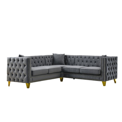 Grey 82.2'' Velvet L-Shaped 5-Seater Corner Sectional Sofa with Nailhead and Metal Legs