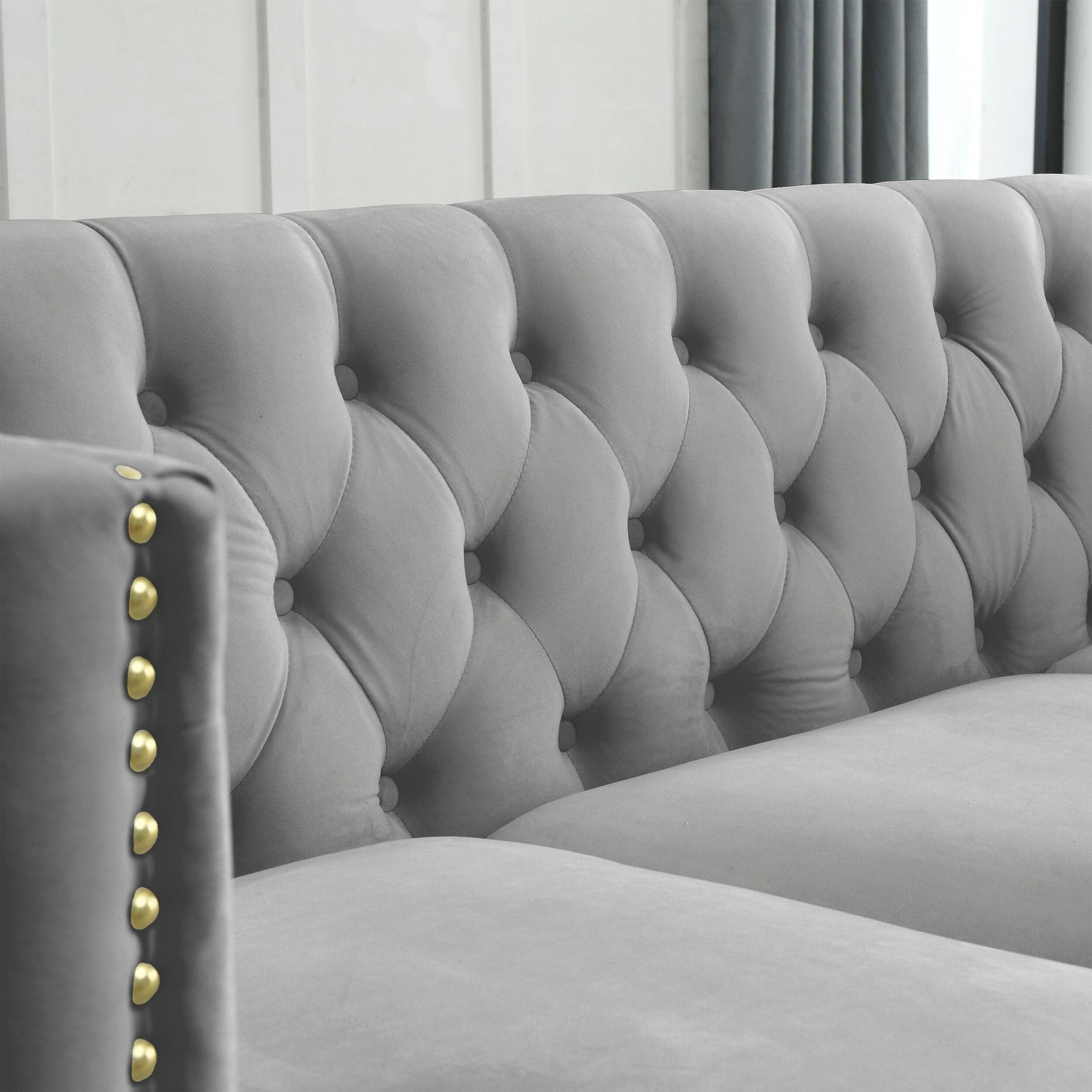 Grey 82.2'' Velvet L-Shaped 5-Seater Sofa with Nailhead Trim