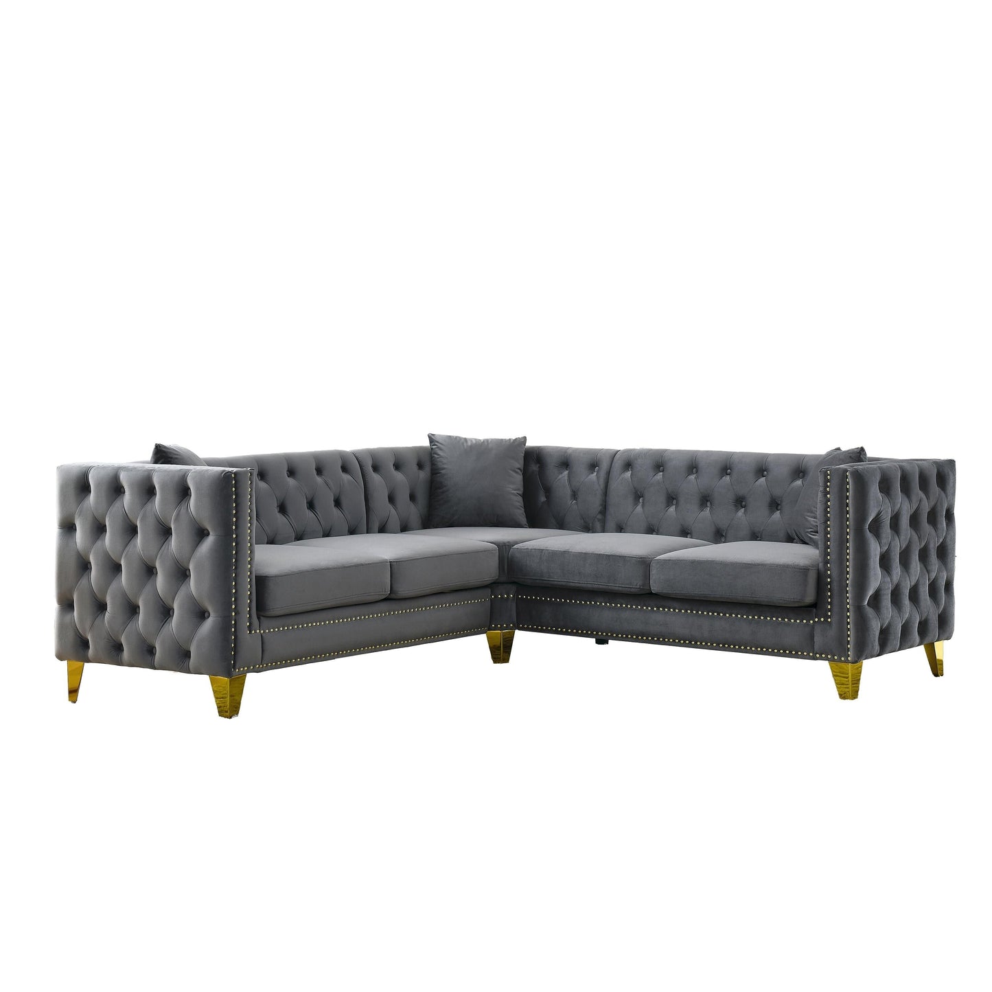 Grey 82.2'' Velvet L-Shaped 5-Seater Sofa with Nailhead Trim