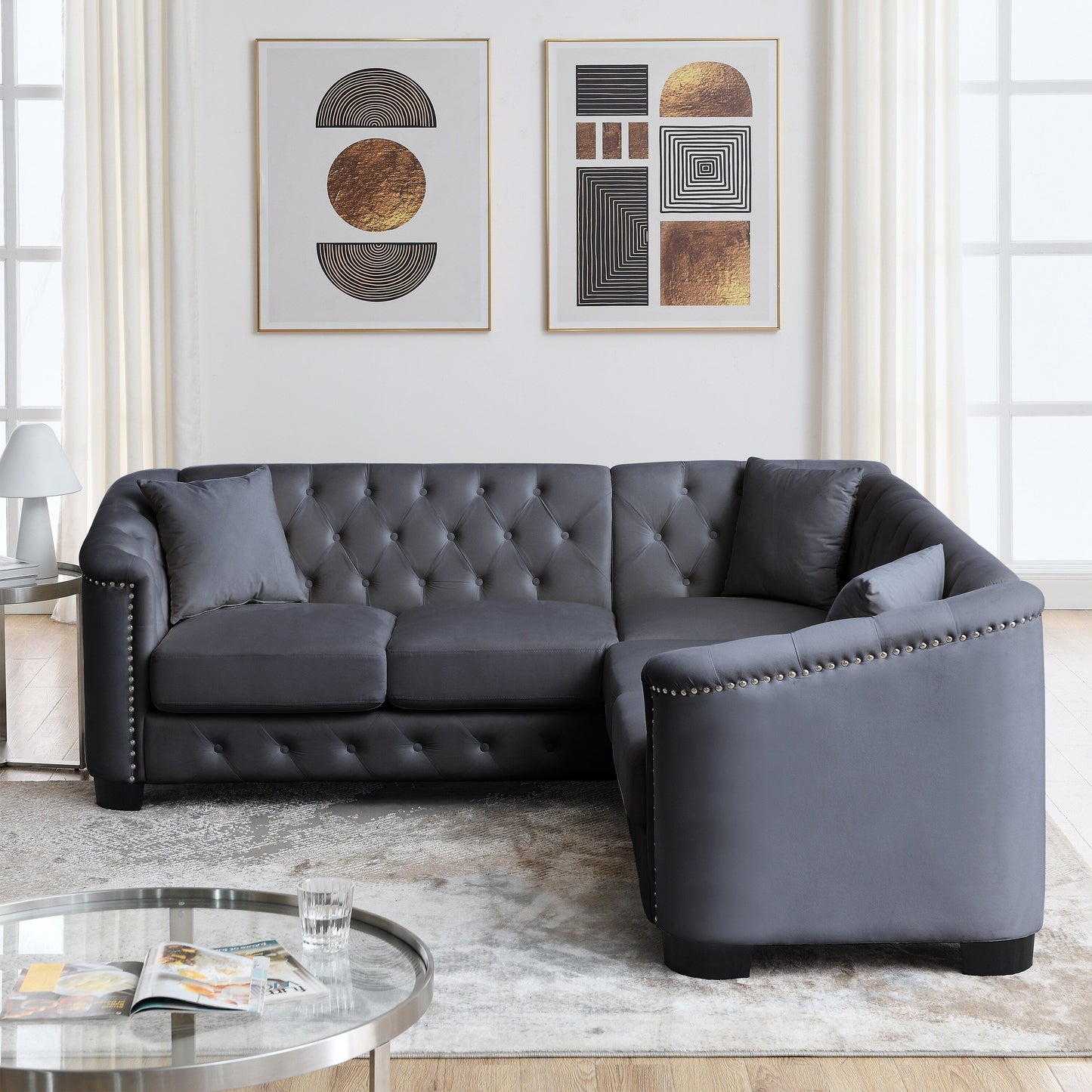 Grey 82'' Velvet Chesterfield L-Shaped 5-Seater Corner Couch with 3 Pillow, Nailhead Trim and Removable Cushions