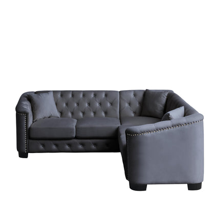 Grey 82'' Velvet Chesterfield L-Shaped 5-Seater Corner Couch with 3 Pillow, Nailhead Trim and Removable Cushions