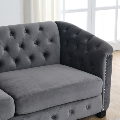 Grey 82'' Velvet Chesterfield L-Shaped 5-Seater Corner Couch with 3 Pillow, Nailhead Trim and Removable Cushions