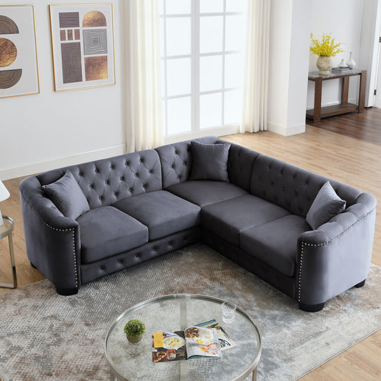 Grey 82'' Velvet Chesterfield L-Shaped 5-Seater Corner Sofa with 3 Pillows, Nailhead Trim, and Removable Cushions