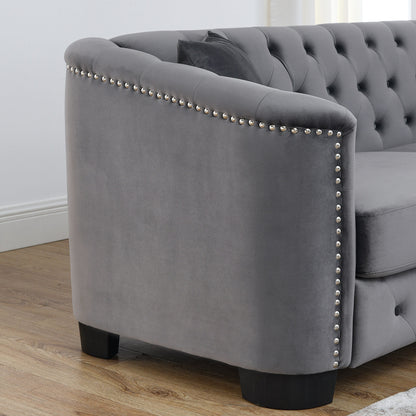 Grey 82'' Velvet Chesterfield L-Shaped 5-Seater Sofa with Nailhead Trim, Removable Cushions, and 3 Pillows