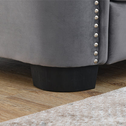 Grey 82'' Velvet Chesterfield L-Shaped 5-Seater Sofa with Nailhead Trim, Removable Cushions, and 3 Pillows