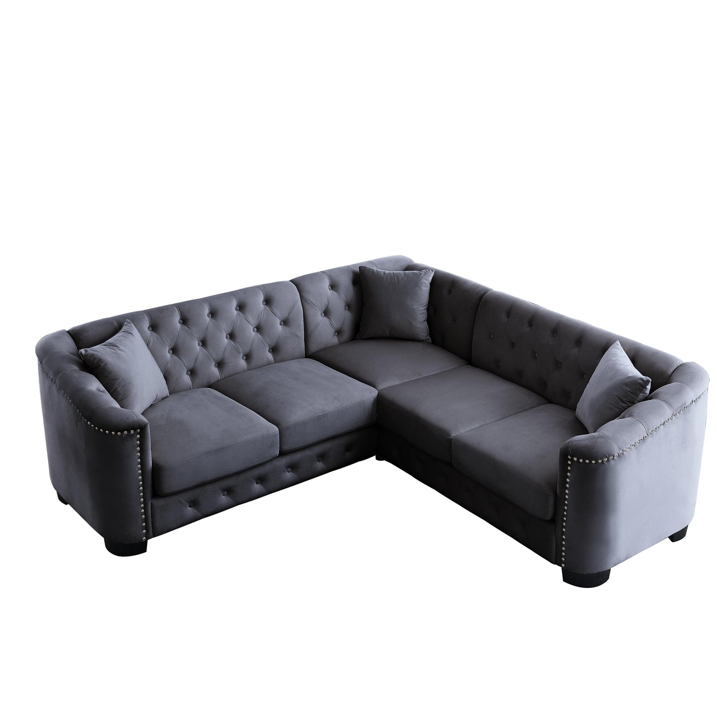Grey 82'' Velvet Chesterfield L-Shaped Corner Sofa with 3 Pillows, Removable Cushions, and Nailhead Trim