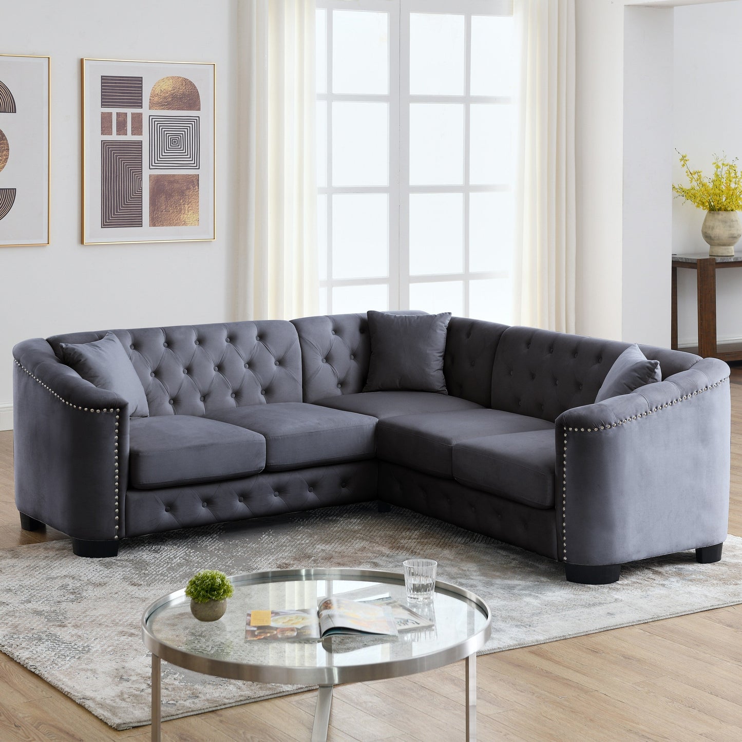 Grey 82'' Velvet Chesterfield L-Shaped Corner Sofa with 3 Pillows, Removable Cushions, and Nailhead Trim