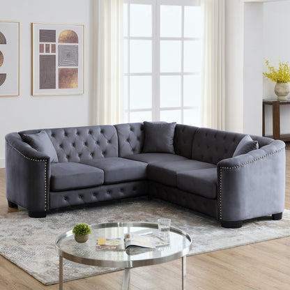 Grey 82'' Velvet Chesterfield L-Shaped Corner Sofa with 3 Pillows, Removable Cushions, and Nailhead Trim