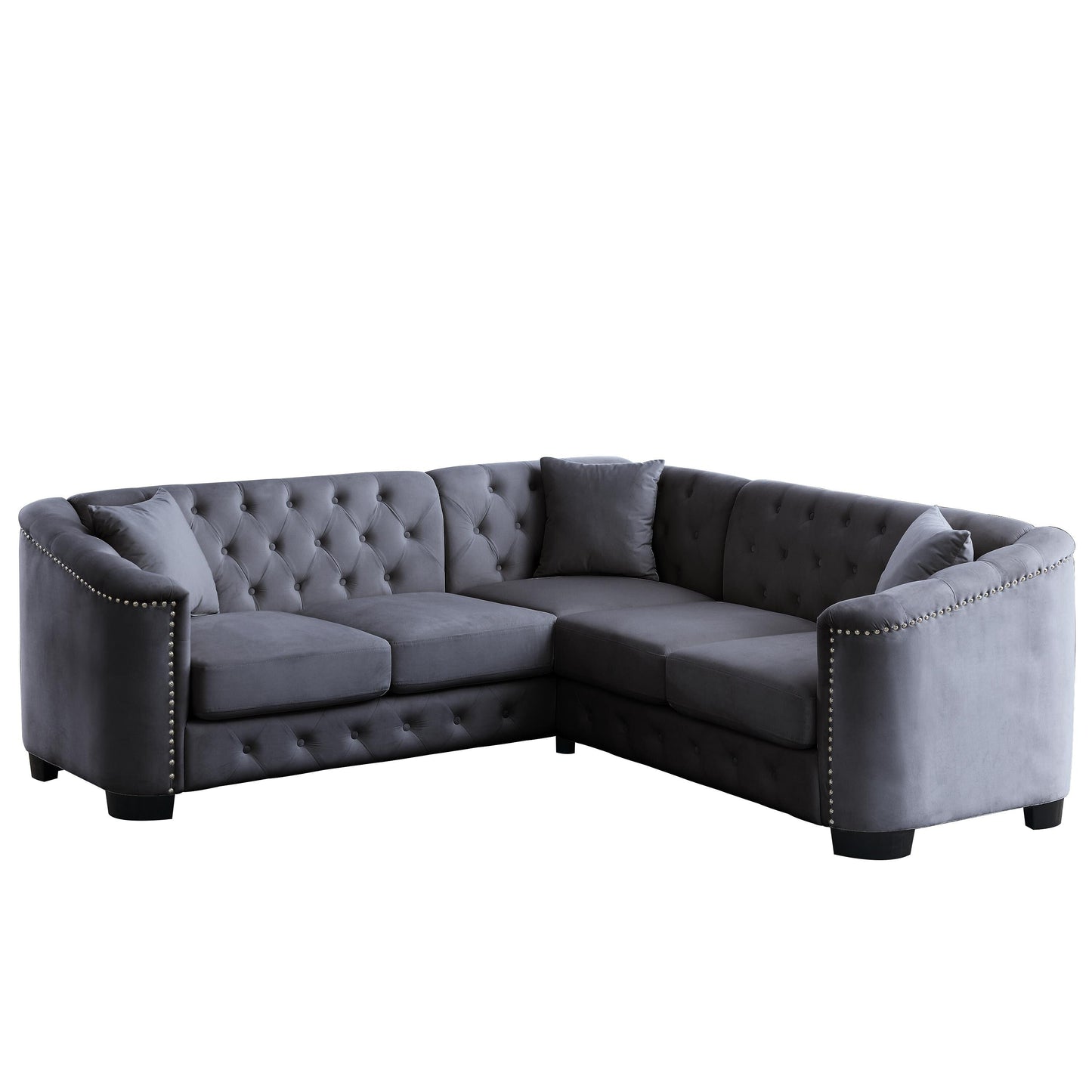 Grey 82'' Velvet Chesterfield L-Shaped Corner Sofa, 5-Seater with Nailhead Trim, Removable Cushions, and Solid Wood Frame