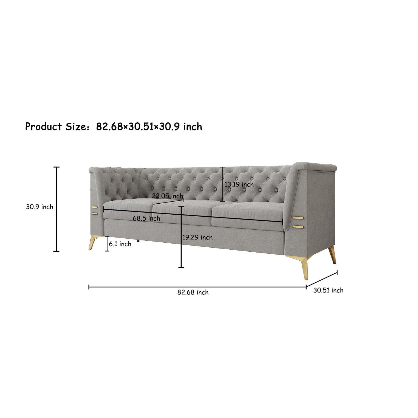 Grey 82'' Velvet Sofa with Tufted Design and Gold Metal Legs