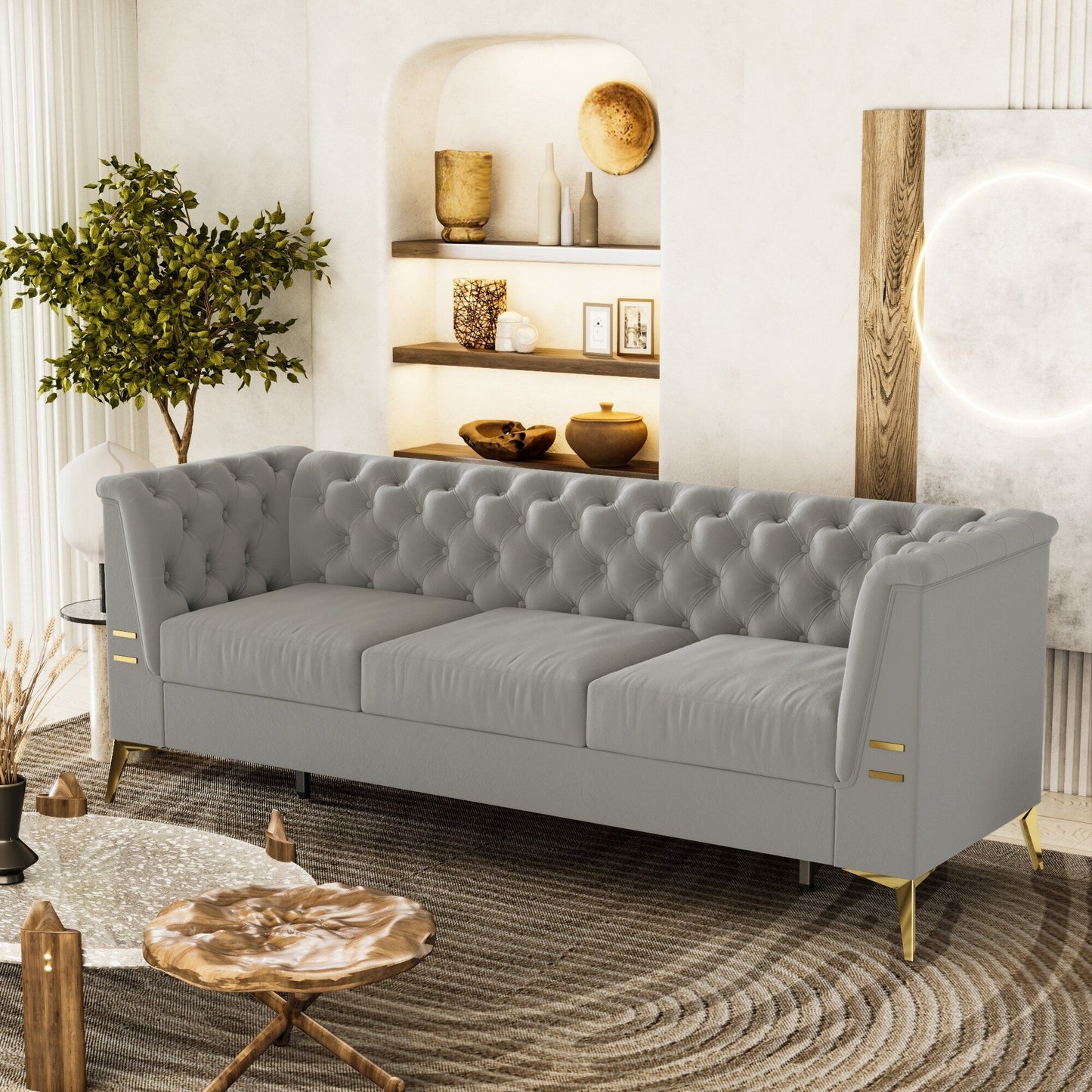 Grey 82'' Velvet Sofa with Tufted Design and Gold Metal Legs