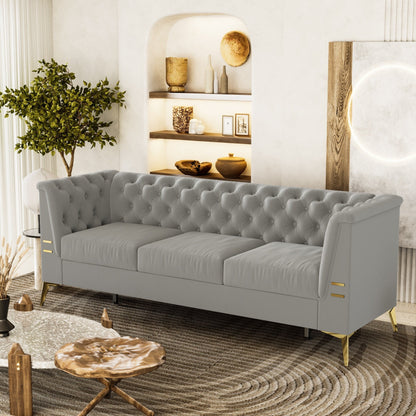 Grey 82'' Velvet Sofa with Tufted Design and Gold Metal Legs