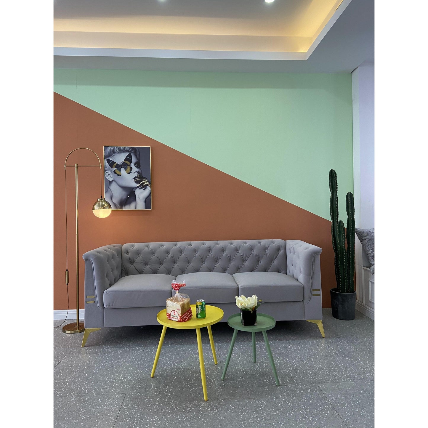 Grey 82'' Velvet Sofa with Tufted Design and Gold Metal Legs