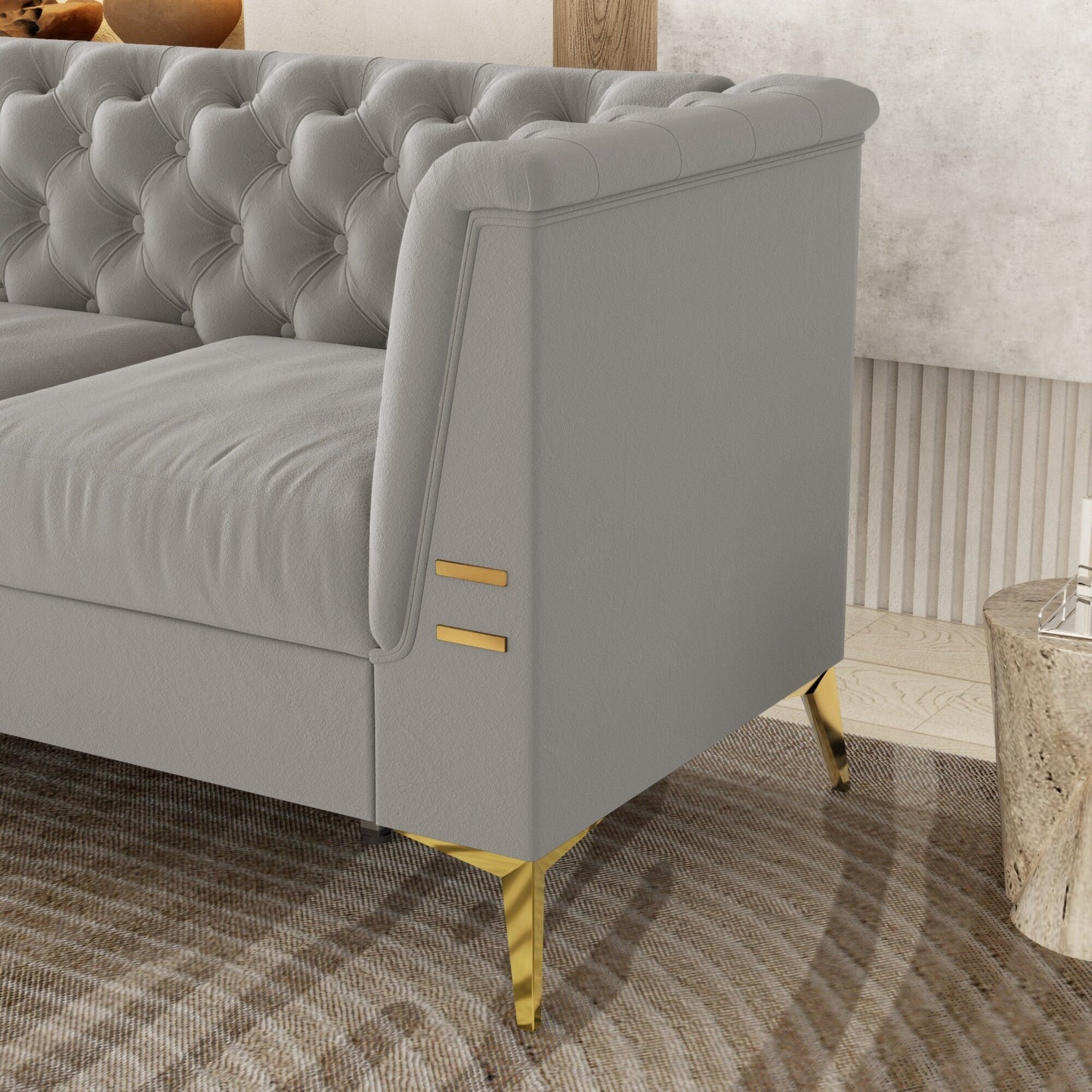 Grey 82'' Velvet Sofa with Tufted Design and Gold Metal Legs
