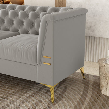 Grey 82'' Velvet Sofa with Tufted Design and Gold Metal Legs