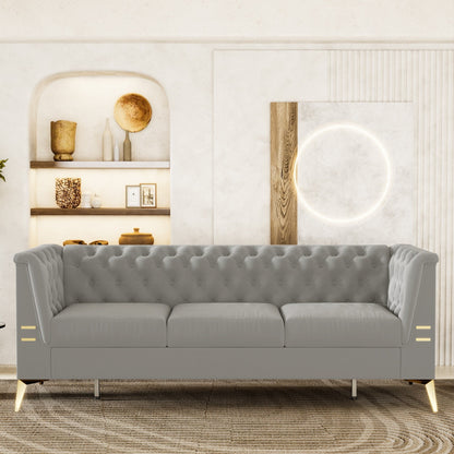 Grey 82'' Velvet Sofa with Tufted Design and Gold Metal Legs