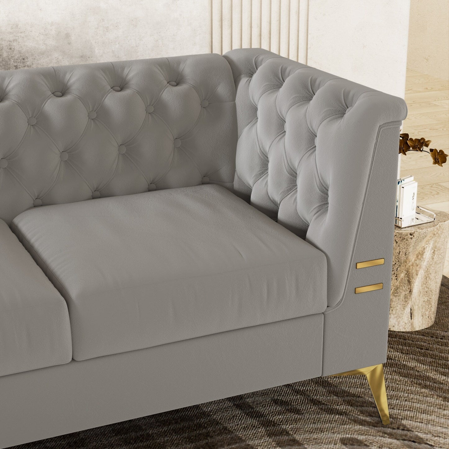 Grey 82'' Velvet Sofa with Tufted Design and Gold Metal Legs