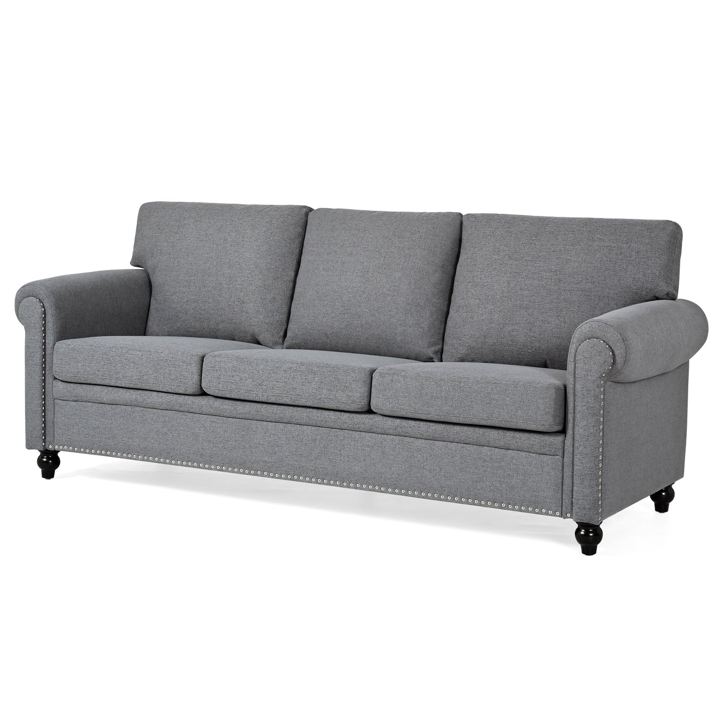 Grey 83.86 Upholstered 3-seater Sofa with Nailheads and Birch Feet for Living Room
