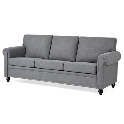 Grey 83.86 Upholstered 3-seater Sofa with Nailheads and Birch Feet for Living Room