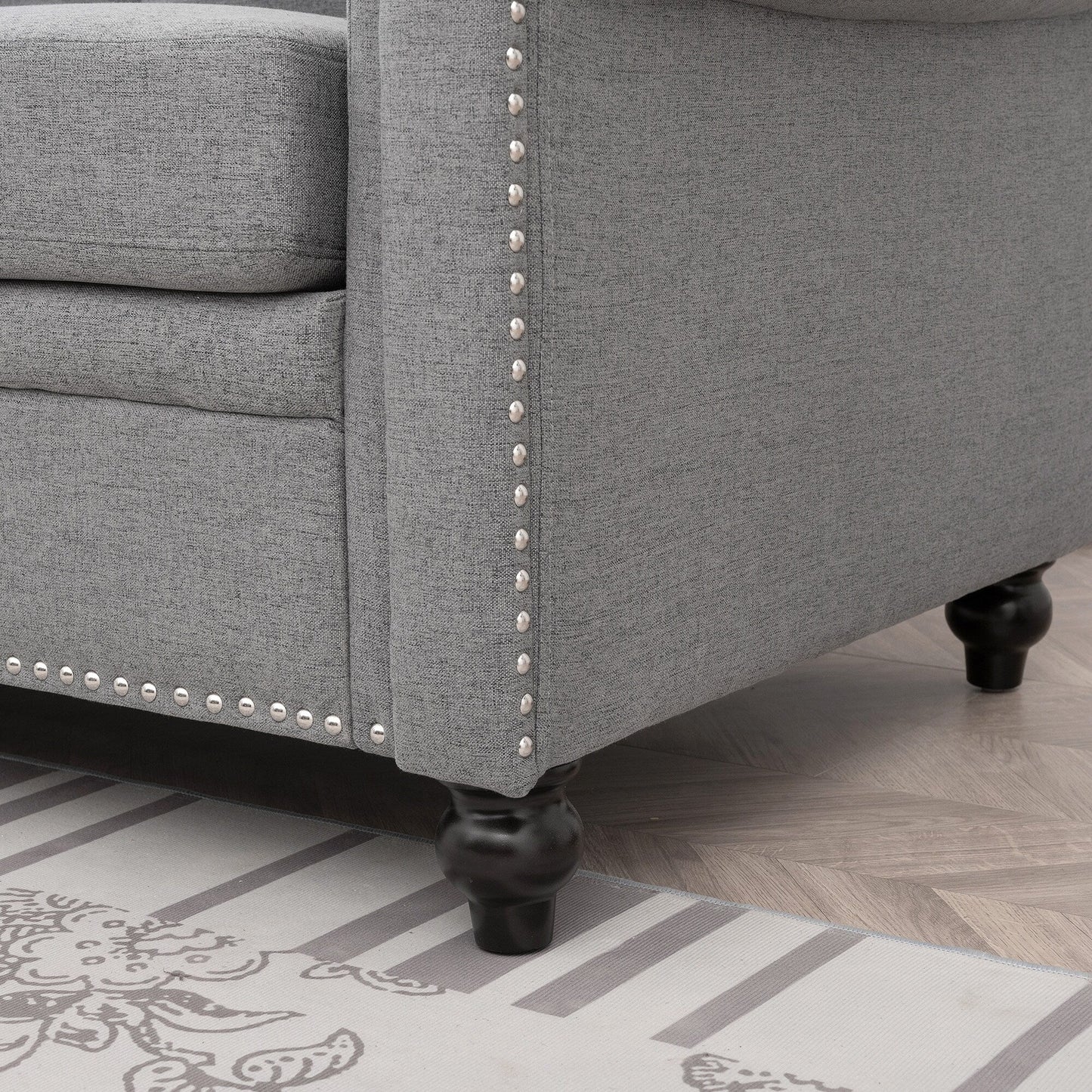 Grey 83.86 Upholstered 3-seater Sofa with Nailheads and Birch Feet for Living Room