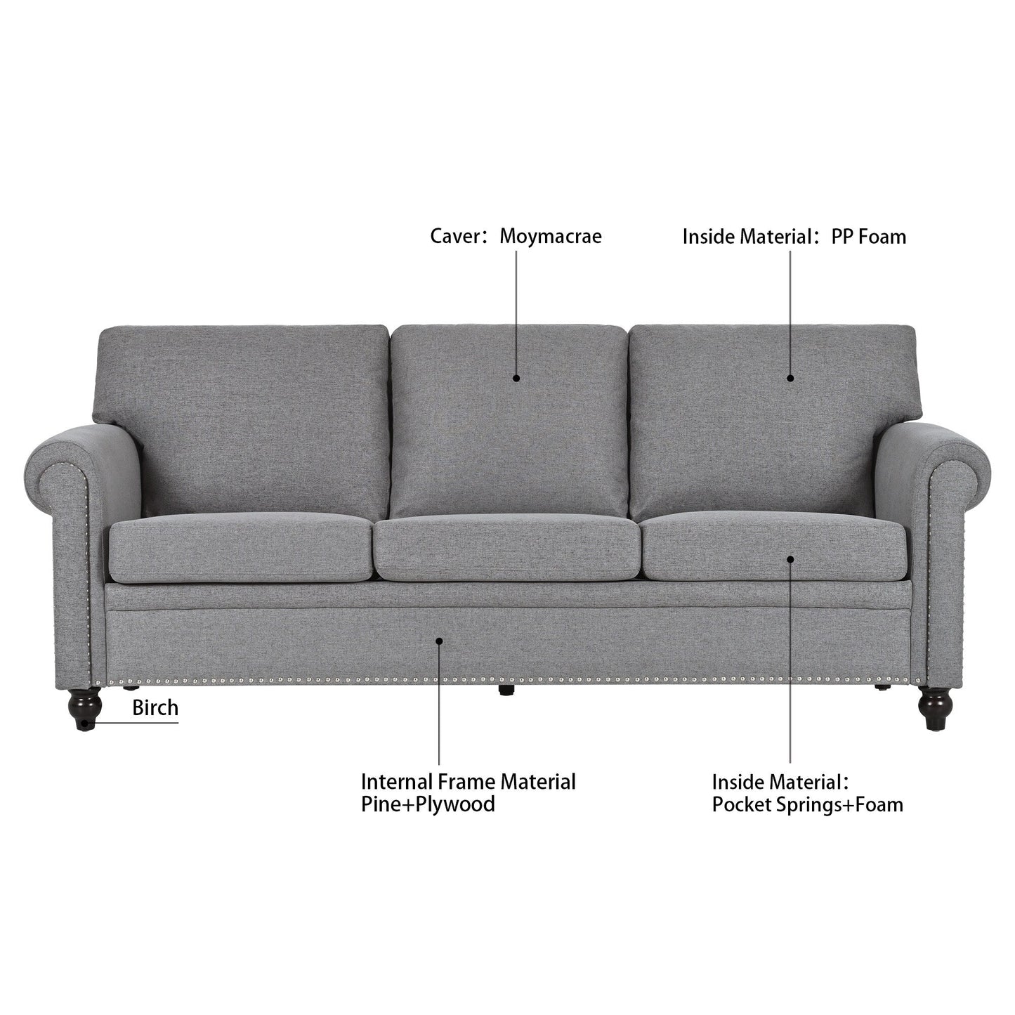 Grey 83.86 Upholstered 3-seater Sofa with Nailheads and Birch Feet for Living Room