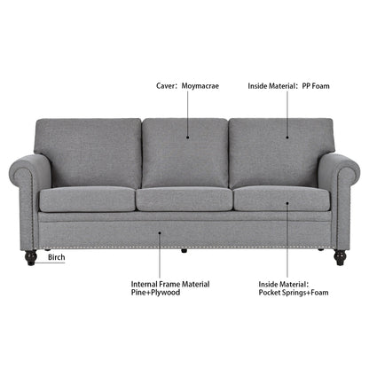 Grey 83.86 Upholstered 3-seater Sofa with Nailheads and Birch Feet for Living Room