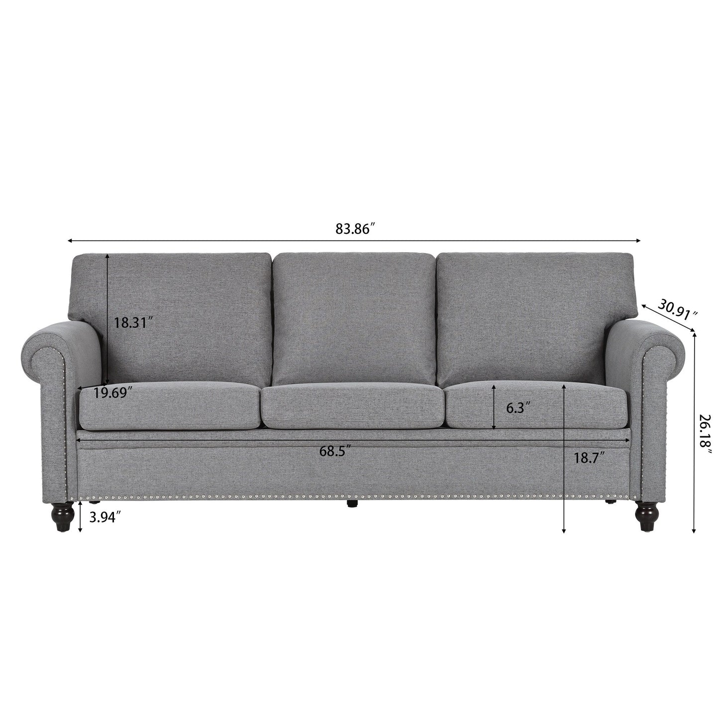 Grey 83.86 Upholstered 3-seater Sofa with Nailheads and Birch Feet for Living Room