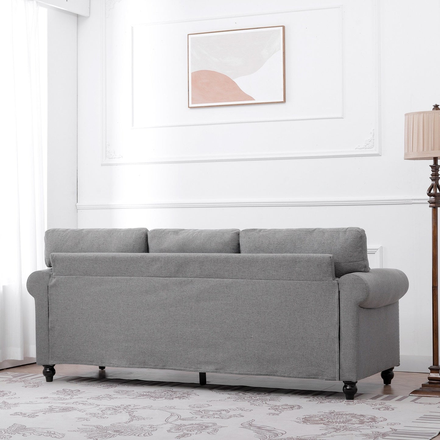 Grey 83.86 Upholstered 3-seater Sofa with Nailheads and Birch Feet for Living Room