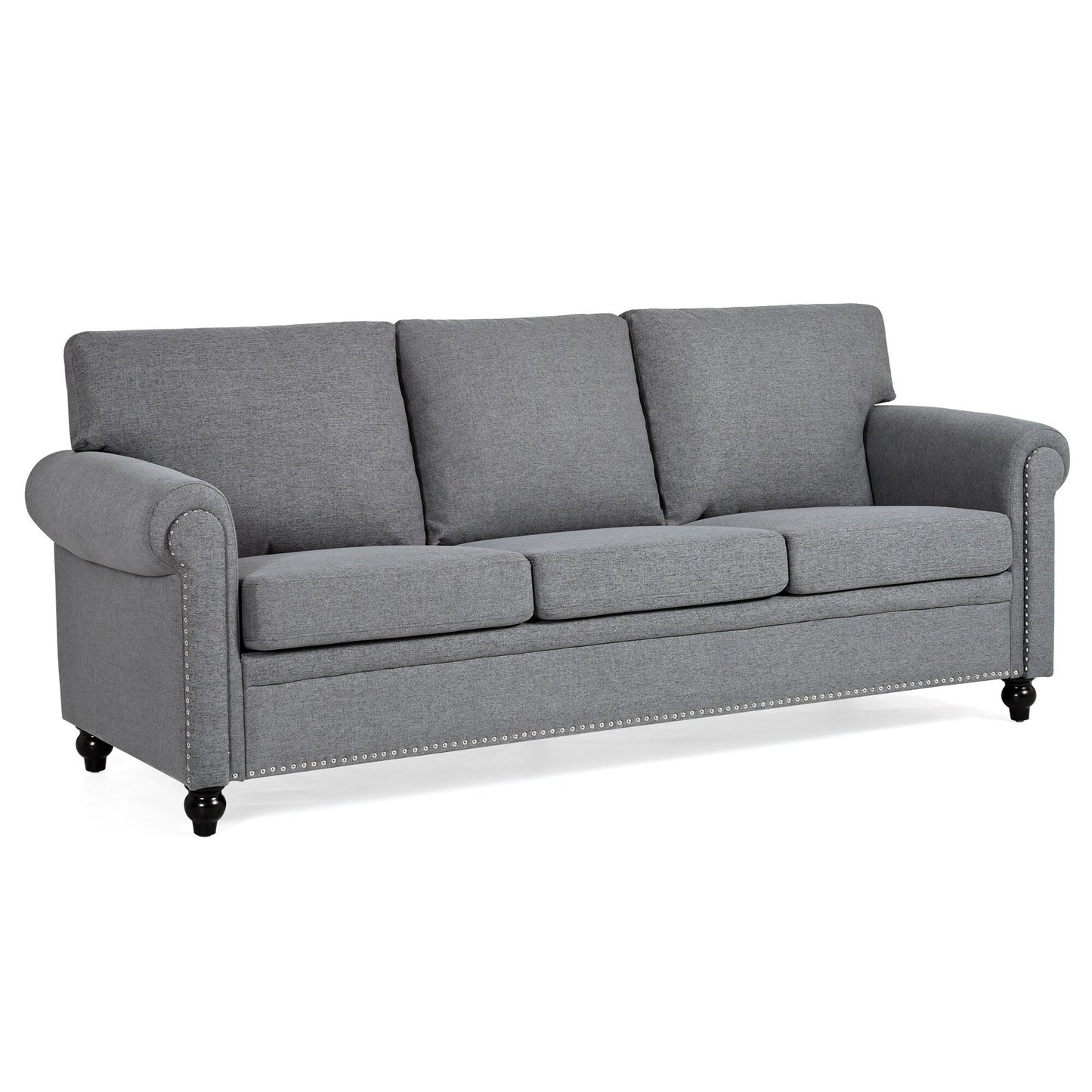 Grey 83.86 Upholstered 3-seater Sofa with Nailheads and Birch Feet for Living Room