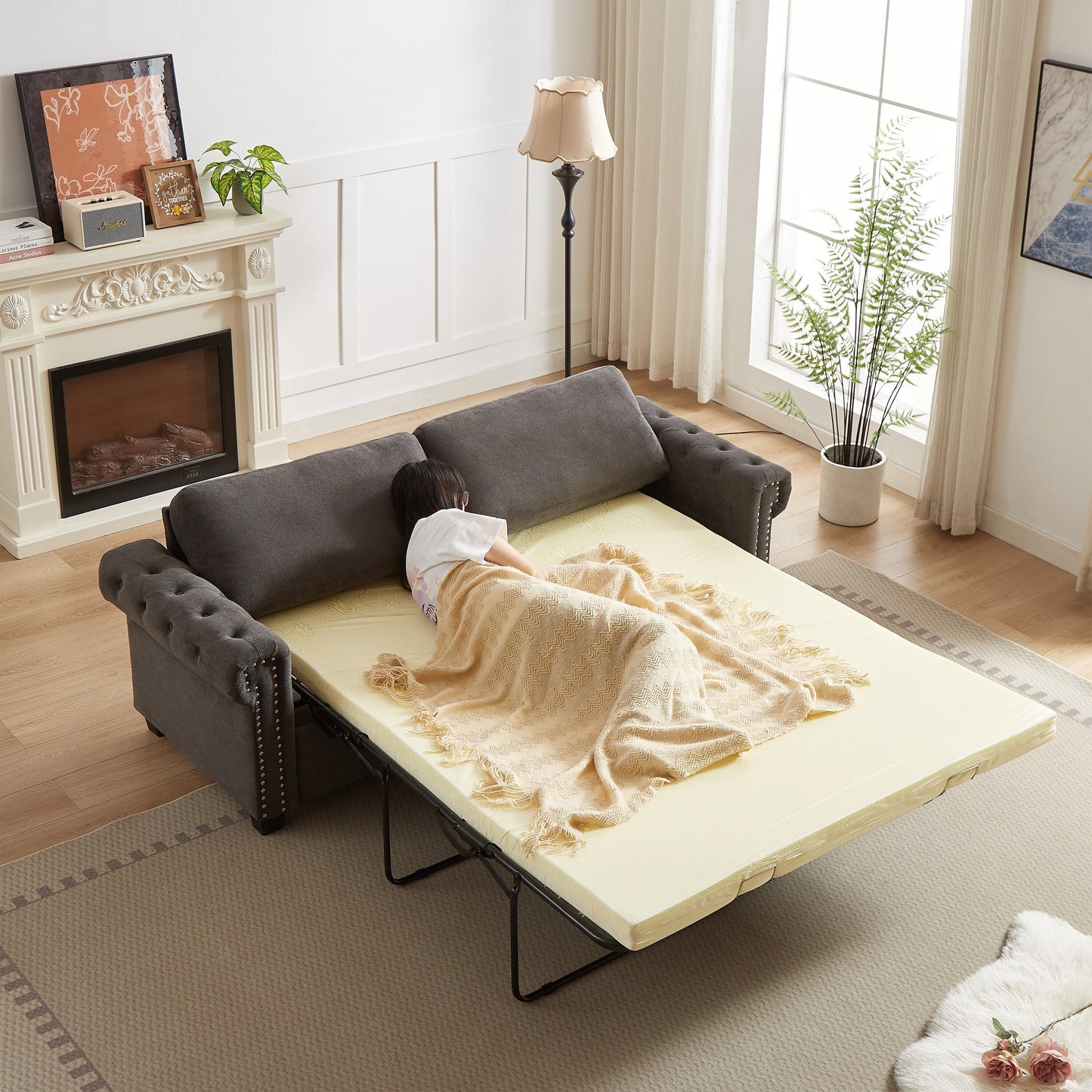 Grey 83.8'' Polyester Convertible Sofa Bed, 3-Seater with Pull-Out Mattress, High-Density Foam, and Sturdy Frame