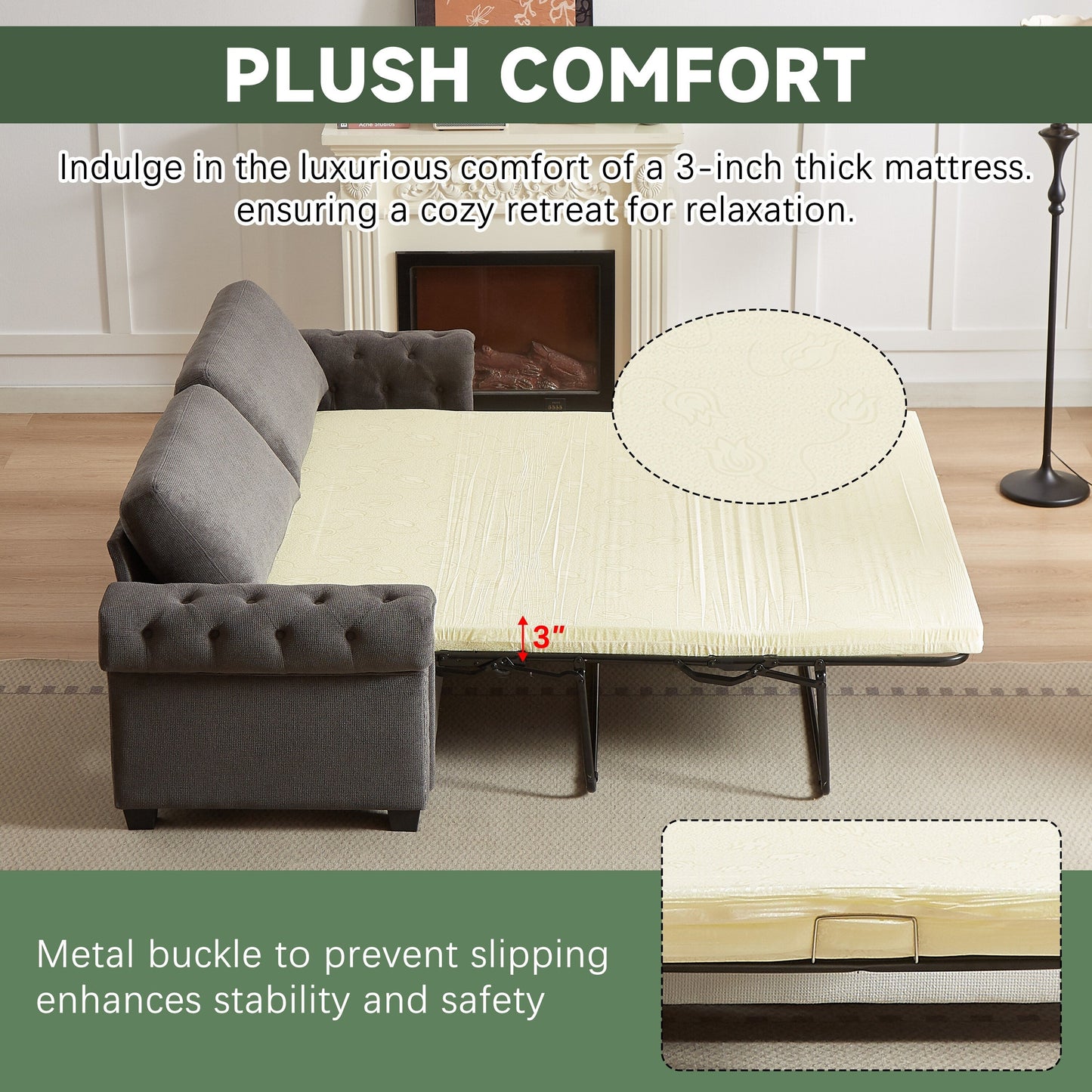 Grey 83.8'' Polyester Convertible Sofa Bed, 3-Seater with Pull-Out Mattress, High-Density Foam, and Sturdy Frame