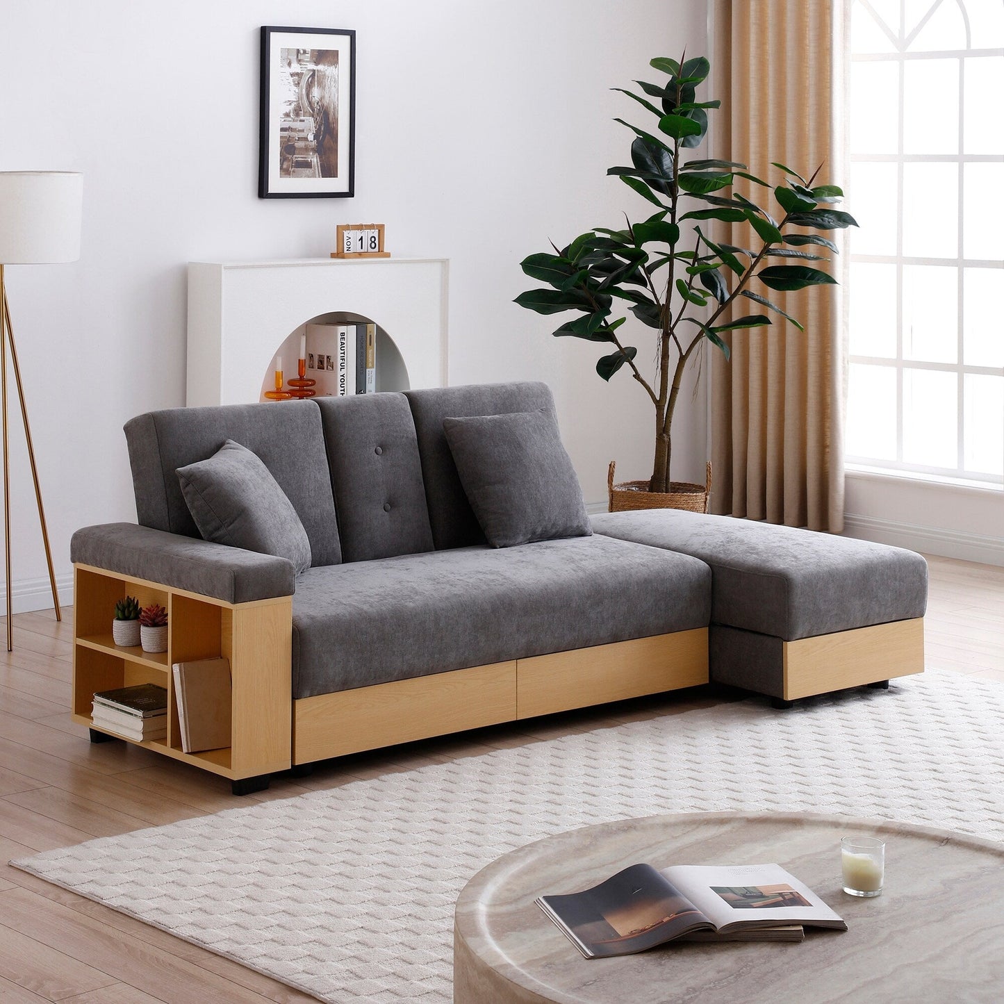 Grey 84.65 Cotton Linen Convertible 3-seater Sleeper Sofa Bed with Storage Ottoman, Drop Down Table, 2 Drawers