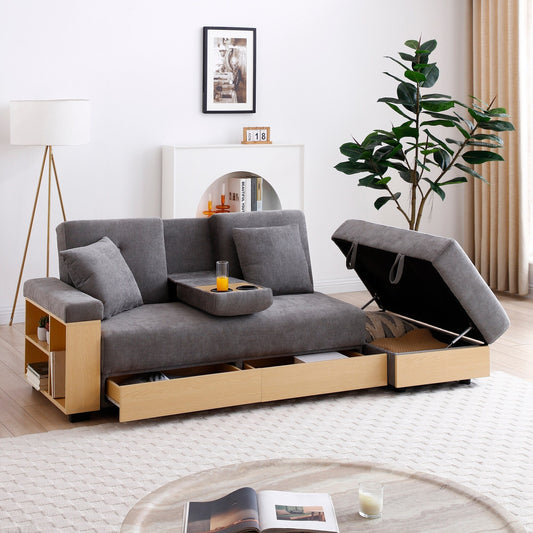 Grey 84.65 Cotton Linen Convertible 3-seater Sleeper Sofa Bed with Storage Ottoman, Drop Down Table, 2 Drawers
